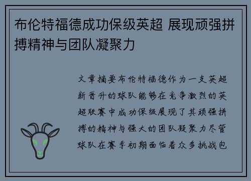 布伦特福德成功保级英超 展现顽强拼搏精神与团队凝聚力